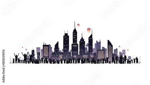 Skyline Spectacle: A vibrant cityscape silhouette captures the excitement of a dynamic urban celebration.