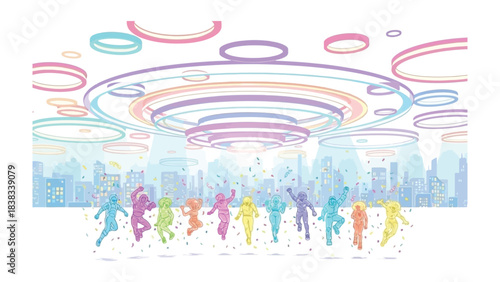 A Symphony of Colors: Whimsical silhouettes leap towards a luminous, futuristic cityscape under a canopy of vibrant, concentric circles, symbolizing innovation. 