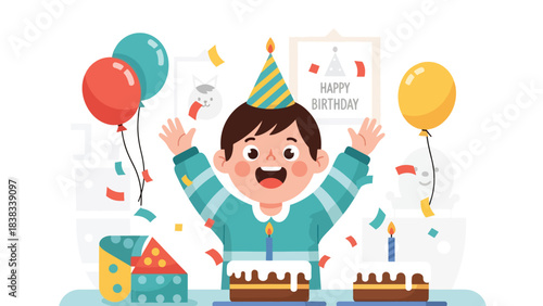 Modern flat vector illustration of an excited child celebrating a birthday with balloons and cake, expressing joy and anticipation
