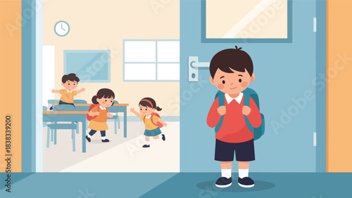 Modern flat vector illustration of a shy child standing quietly while meeting new classmates, showing hesitation and social nervousness