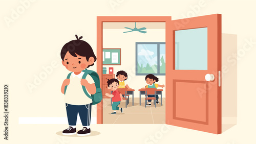 Modern flat vector illustration of a shy child standing quietly while meeting new classmates, showing hesitation and social nervousness