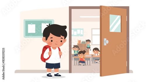 Modern flat vector illustration of a shy child standing quietly while meeting new classmates, showing hesitation and social nervousness