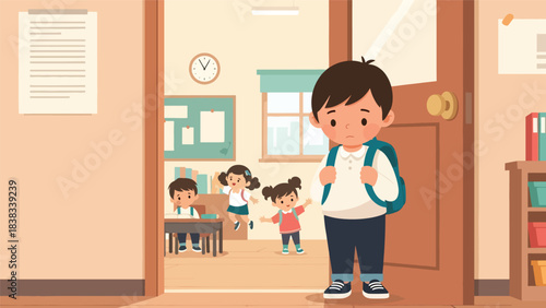 Modern flat vector illustration of a shy child standing quietly while meeting new classmates, showing hesitation and social nervousness