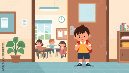 Modern flat vector illustration of a shy child standing quietly while meeting new classmates, showing hesitation and social nervousness