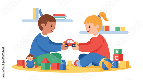 Modern flat vector illustration of two children sitting together and sharing toys with friendly expressions, demonstrating positive social skills