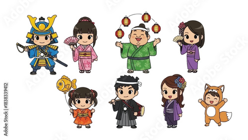 Japanese cultural cartoon: A vibrant illustration showcasing the charm of traditional Japanese culture, featuring a diverse array of cartoon characters in their unique costumes.