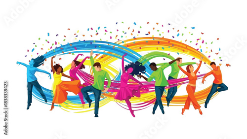 Harmony of Movement: A dynamic illustration captures the essence of rhythm and joy, with diverse individuals gracefully dancing in a vibrant swirl of colors and confetti. 
