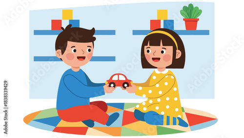 Modern flat vector illustration of two children sitting together and sharing toys with friendly expressions, demonstrating positive social skills