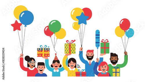Gift-Filled Festivities: A lively gathering of friends and family bursts with joy, each person clutching colorful balloons and festively wrapped gifts.