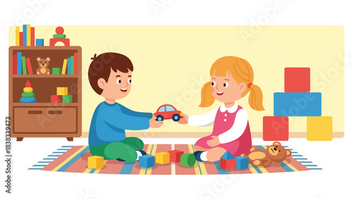Modern flat vector illustration of two children sitting together and sharing toys with friendly expressions, demonstrating positive social skills