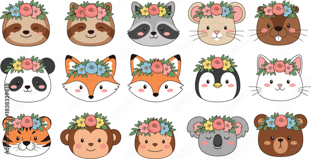 Naklejka premium A charming vector set of sixteen cute animal faces with beautiful floral crowns, including a sloth, raccoon, panda, fox, tiger, koala, monkey, and bear, perfect for kids and baby designs