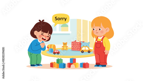 Modern flat vector illustration of a child apologizing to another child after conflict, demonstrating communication and empathy