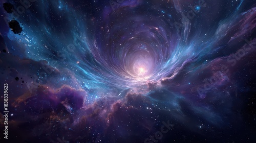 Fototapeta Naklejka Na Ścianę i Meble -  Vibrant 3D illustration of a hyperspace tunnel weaving through galaxies, stars, and nebulae