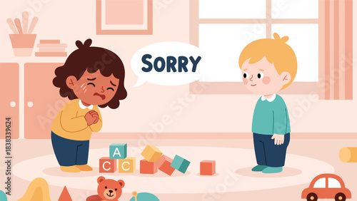 Modern flat vector illustration of a child apologizing to another child after conflict, demonstrating communication and empathy