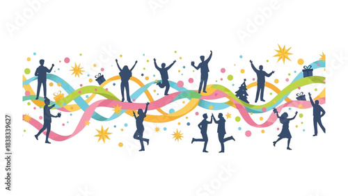 Celebration of Joyful People: A festive scene where silhouetted figures revel in moments of pure happiness, surrounded by whimsical ribbons, stars, and gifts.