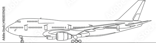 Minimalist Continuous Line Drawing of a Commercial Passenger Airplane on the Ground Representing Travel, Aviation, Air Transport, Logistics, and Flight Vector Art.