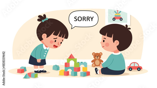 Modern flat vector illustration of a child apologizing to another child after conflict, demonstrating communication and empathy