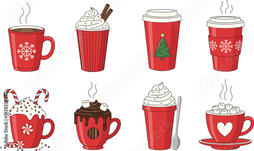 A collection of steaming red cups and mugs featuring Christmas decorations like snowflakes, trees, candy canes, and whipped cream, perfect for holiday menus and design