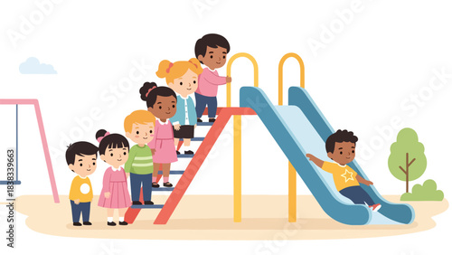Modern flat vector illustration of children waiting patiently in line at a playground slide, demonstrating turn-taking manners