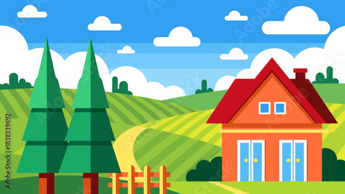 Flat illustration of a colorful cartoon house nestled in green rolling hills under a blue sky.