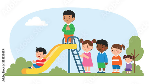 Modern flat vector illustration of children waiting patiently in line at a playground slide, demonstrating turn-taking manners
