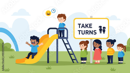 Modern flat vector illustration of children waiting patiently in line at a playground slide, demonstrating turn-taking manners