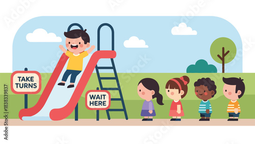 Modern flat vector illustration of children waiting patiently in line at a playground slide, demonstrating turn-taking manners