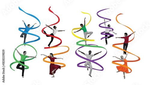 Dancing Ribbons of Color: A kaleidoscope of motion, where dancers gracefully twirl, each connected to a ribbon of vibrant hue, creating a mesmerizing display of movement and coordination.