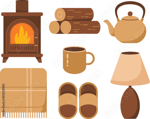 cozy home icons, wood stove, firewood, kettle, coffee mug, slippers, blanket, lamp, warm hygge interior essentials