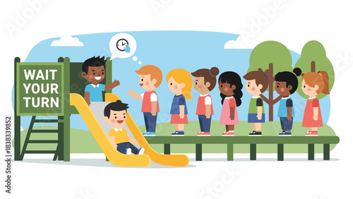 Modern flat vector illustration of children waiting patiently in line at a playground slide, demonstrating turn-taking manners