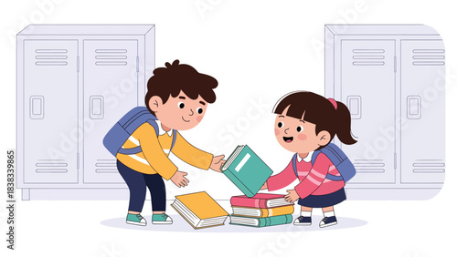 Modern flat vector illustration of a child helping a friend pick up fallen books, demonstrating kindness, empathy, and cooperation