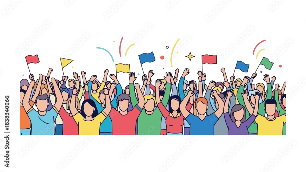 Fototapeta premium Celebrating the Moment: An excited crowd waves flags in a vibrant illustration of a jubilant gathering, creating a sense of unity and shared joy, celebrating a momentous occasion. 