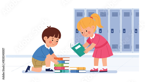 Modern flat vector illustration of a child helping a friend pick up fallen books, demonstrating kindness, empathy, and cooperation