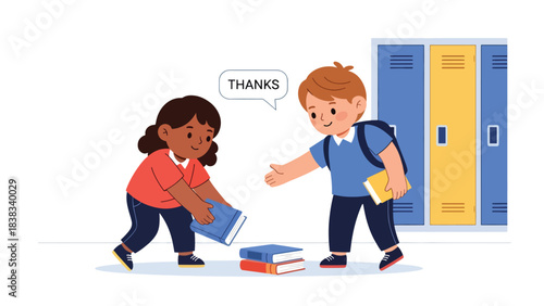 Modern flat vector illustration of a child helping a friend pick up fallen books, demonstrating kindness, empathy, and cooperation