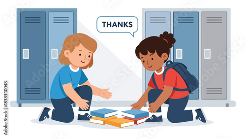 Modern flat vector illustration of a child helping a friend pick up fallen books, demonstrating kindness, empathy, and cooperation