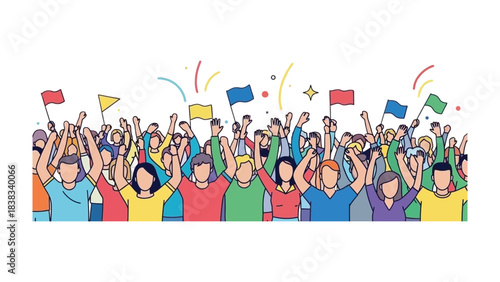 Celebrating the Moment: An excited crowd waves flags in a vibrant illustration of a jubilant gathering, creating a sense of unity and shared joy, celebrating a momentous occasion. 