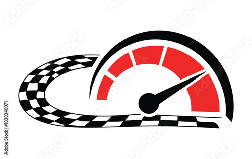 Speedometer and Racing Flag Logo, Vector Illustration Featuring Motorsport Emblem, High-Speed Concept