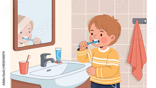 Modern flat vector illustration of a child brushing teeth in the bathroom as part of a healthy daily routine
