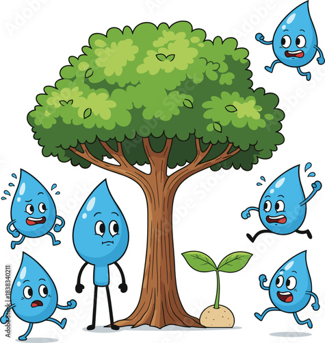 Cartoon water droplets nurturing tree and plant, expressive environmental theme, nature care concept, growth support, flat vector illustration