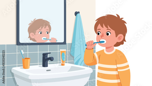 Modern flat vector illustration of a child brushing teeth in the bathroom as part of a healthy daily routine