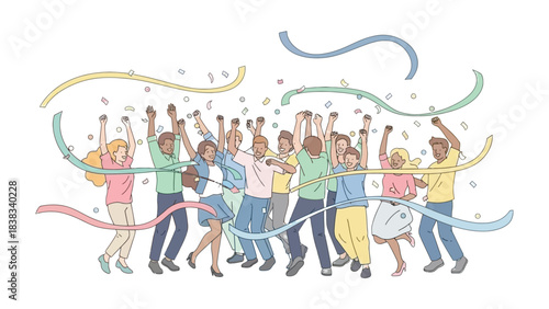 Finish Line Celebration: A vibrant scene captures the elation of a diverse group crossing the finish line, streamers and confetti.