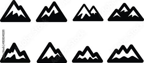 mountain icons, minimalist mountains, black and white peaks, nature symbols, alpine silhouettes, outdoor icons, adventure graphics, simple mountain set