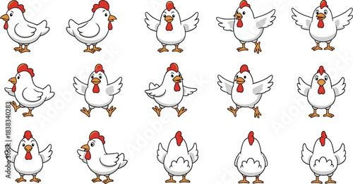 Cartoon chickens in various poses and orientations, expressive farm bird characters, playful animal grid, flat vector illustration