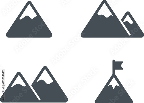 mountain icons, summit icons, peak symbols, adventure icons, simple mountains, snow peak graphics, hiking icons, minimalist outdoor logo set