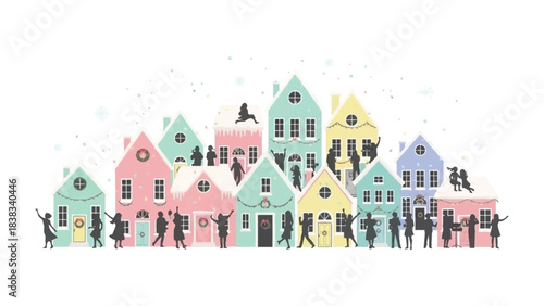 Holiday Homes and Celebrations: A festive illustration of colorful houses, adorned with winter decorations.
