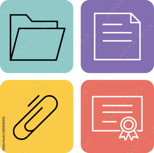 Office document icon set, folder, file, paperclip and certificate symbols, colorful square buttons, minimal line style business graphics