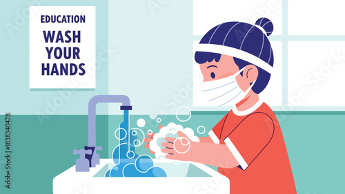 Modern flat vector illustration of a child washing hands with soap and water, demonstrating hygiene and responsibility