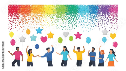 Celebration of Diversity and joy: A vibrant scene of people from various backgrounds, celebrating with colorful balloons and confetti, symbolizing unity, happiness and a festive atmosphere.