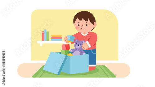 Modern flat vector illustration of a child happily cleaning up toys after playtime, showing responsibility and organizational skills
