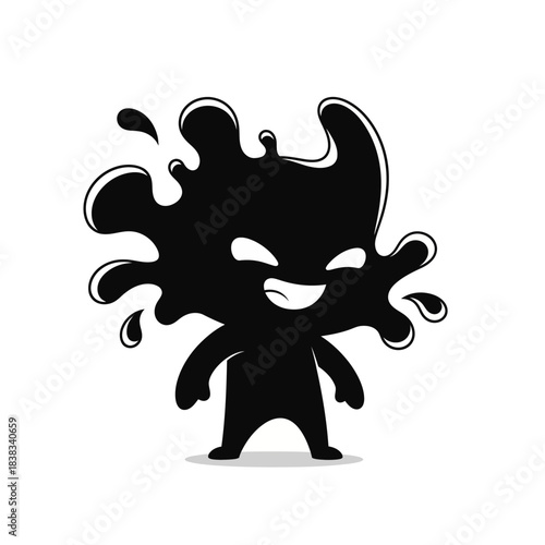 Whimsical ink blot character embodying playful mischief with bold contrasting style